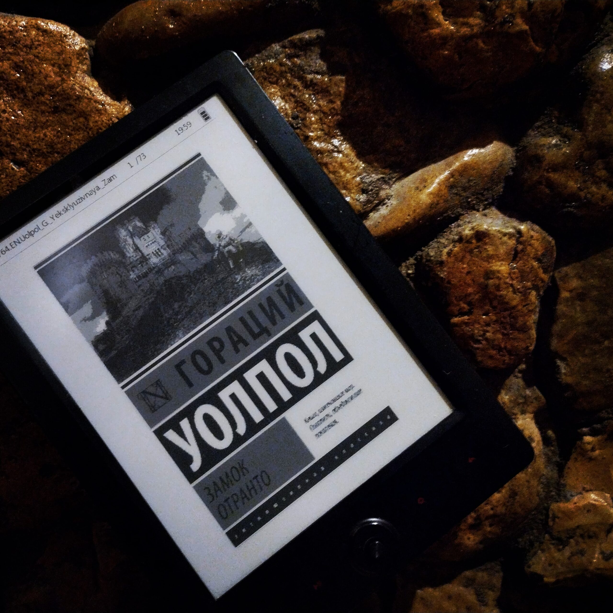 Фотография читалки с обложкой книги «Замок Отранто». Гораций Уолпол.