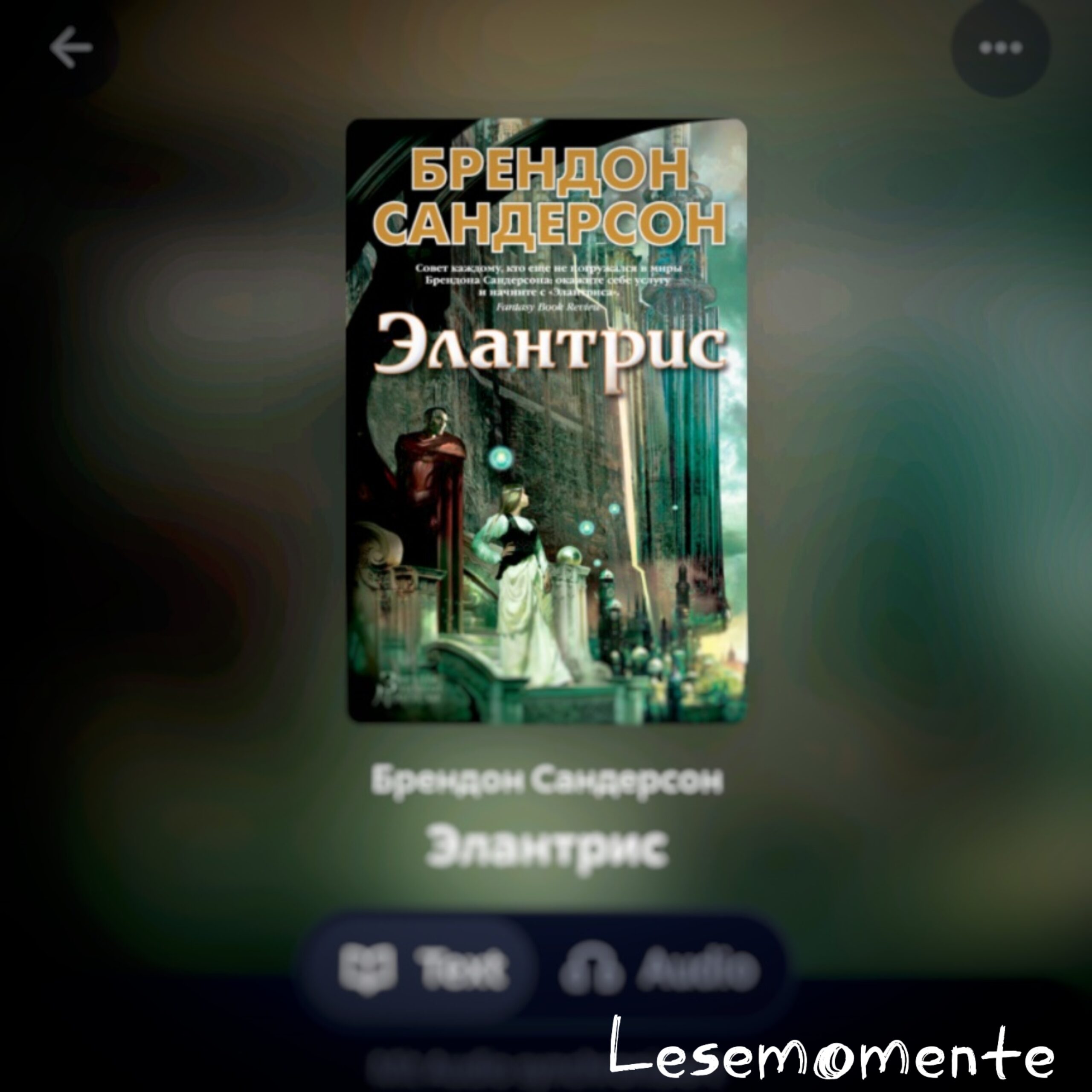 Скриншот обложки книги Брендона Сандерсона «Элантрис» из читалки ЛитРес.